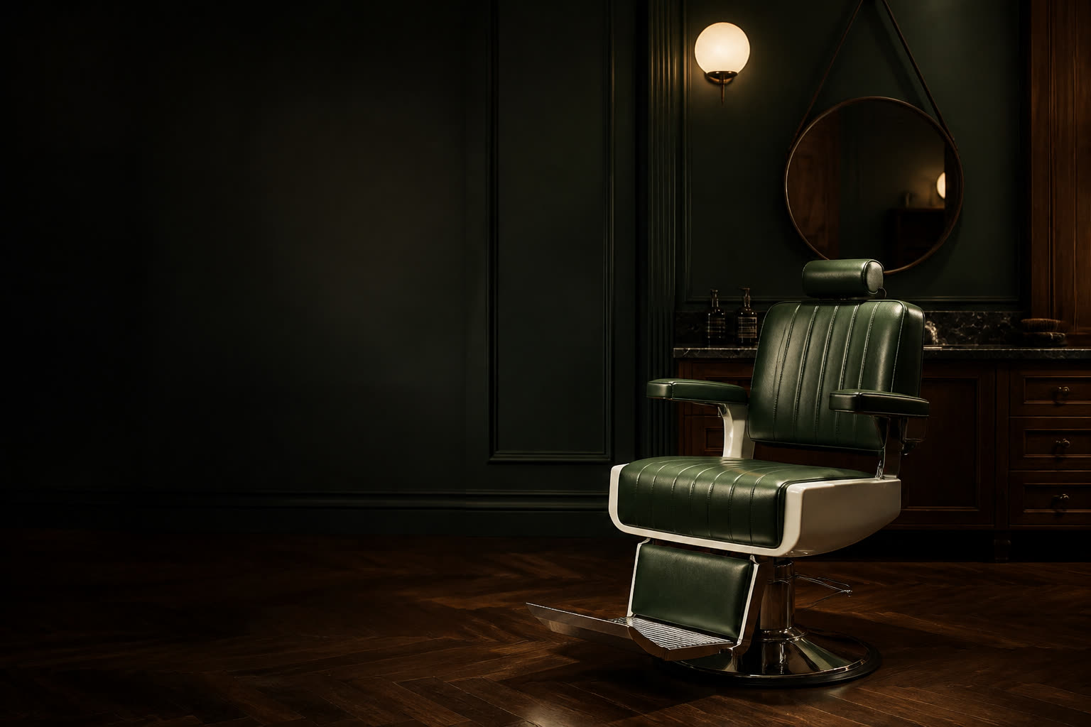 Η πράσινη barber καρέκλα του Brit σε έναν ζεστό, σκοτεινό χώρο περιποίησης